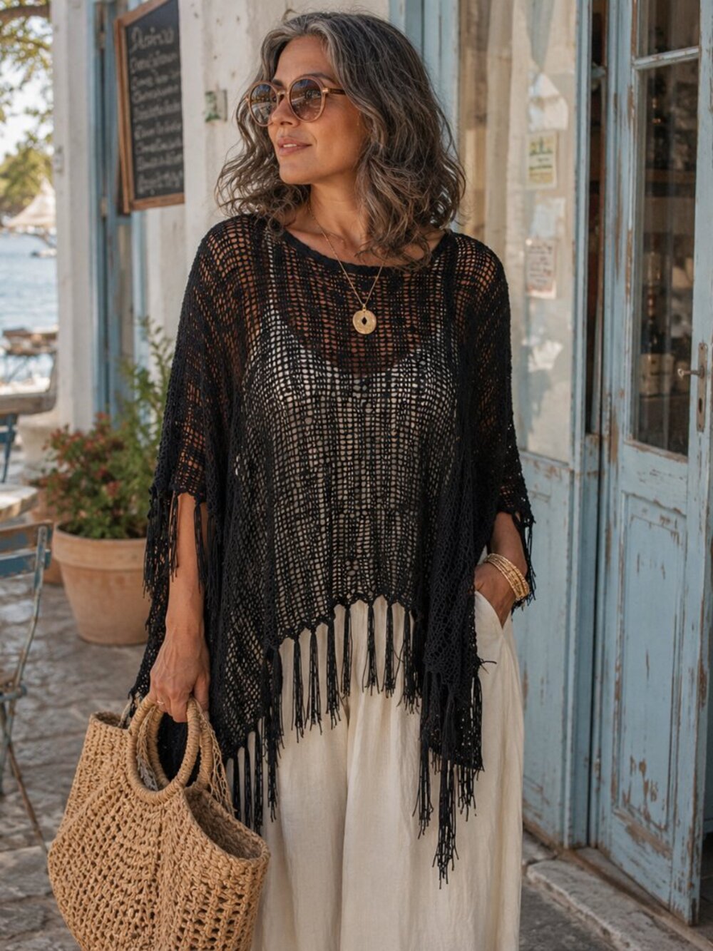 Vintage XOXO Black Crochet Fringe Poncho — Y2K Boho Resort Layer
